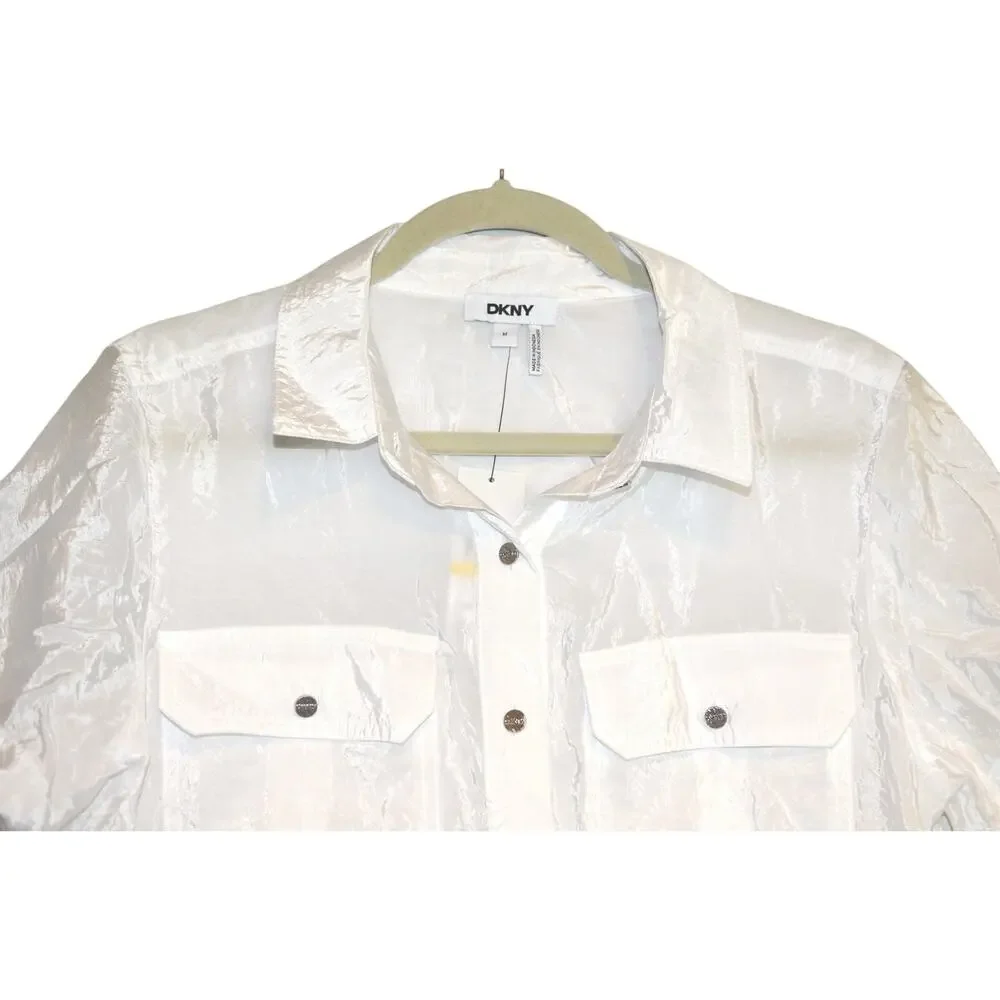 DKNY Women's Short-Sleeve Button-Front Top in White